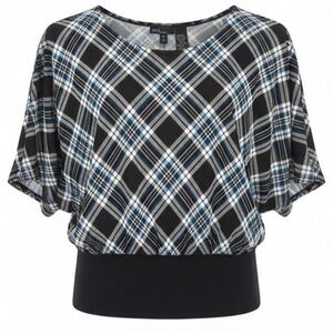 Vtg Y2K Sixteen Tartan Plaid Top Womens L Black Blue Batwing Sleeve Flowy Office